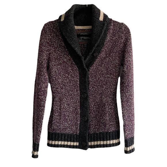 𝅺ROOTS Women’s Wool Button Front Shawl Collar Cardigan Sweater Purple Cream XS - Picture 2 of 6